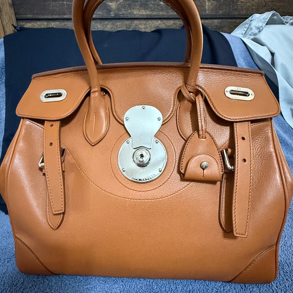 Ralph Lauren Ricky Bag medium 33 in RL Gold saddle tan color leather bag